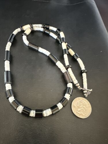 Men's Navajo Black Onyx White Shell Necklace | Sterling Silver | 26" | Authentic Native American Handmade | 17583