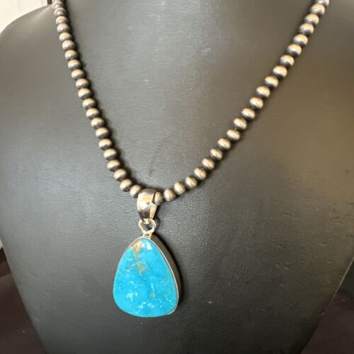 Navajo Blue Kingman Turquoise Pendant Necklace | Sterling Silver | 20" | Authentic Native American Handmade | 16671