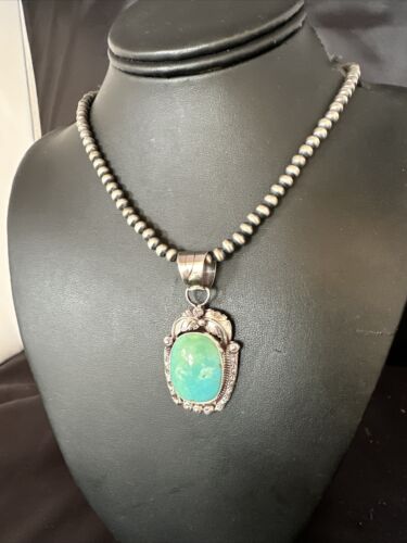 Navajo Pearls Blue Turquoise Necklace Pendant | Sterling Silver | Authentic Native American Handmade | 14880