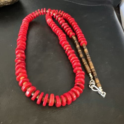 Navajo Red Coral Shell Bead Necklace | Sterling Silver | 30" | Authentic Native American Handmade | 15284