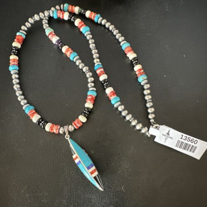 Navajo Turquoise Spiny Oyster Inlay Pendant Necklace | Sterling Silver | Authentic Native American Handmade | 13560