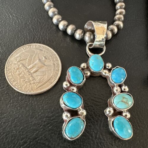 Navajo Horseshoe Naja Kingman Turquoise Pendant Necklace | Sterling Silver | Authentic Native American Handmade | 15748