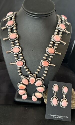 Navajo Pink Conch Squash Blossom Necklace with Naja Pendant | Authentic Native American Handmade | 17441