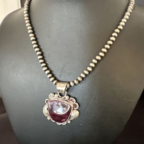Navajo Men's Purple Spiny Oyster Pendant Necklace | Sterling Silver | Authentic Native American Handmade | 15625