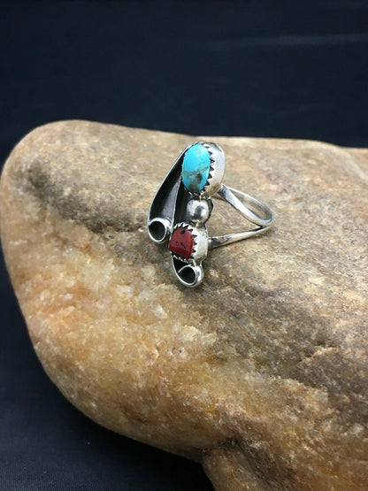 Navajo Blue Turquoise Coral Ring | Authentic Native American Sterling Silver | Multi-Stone | Sz 6.5 | 2780