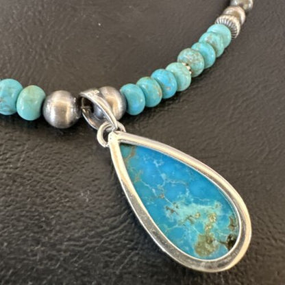 Navajo Blue Turquoise Pendant Necklace | Sterling Silver | Authentic Native American Handmade | 16652