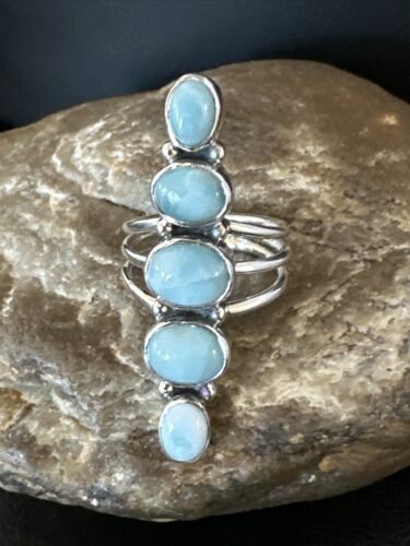 Navajo Blue Larimar Cluster Ring | Authentic Native American Sterling Silver | Multi-Stone | Sz 7.5 | 15978