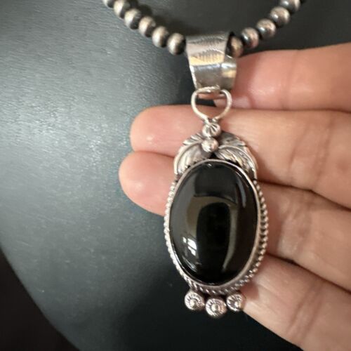 Men's Navajo Pearls Necklace with Black Onyx Pendant | Sterling Silver | Authentic Native American Handmade | 15367