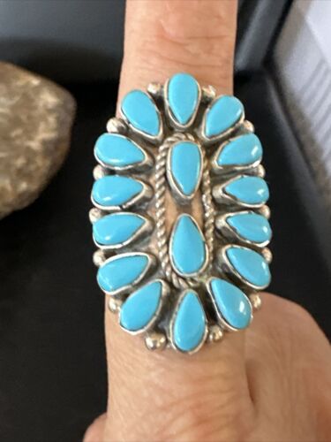 Navajo Blue Turquoise Cluster Ring | Authentic Native American Sterling Silver | Multi-Stone | Sz 8 | 14909