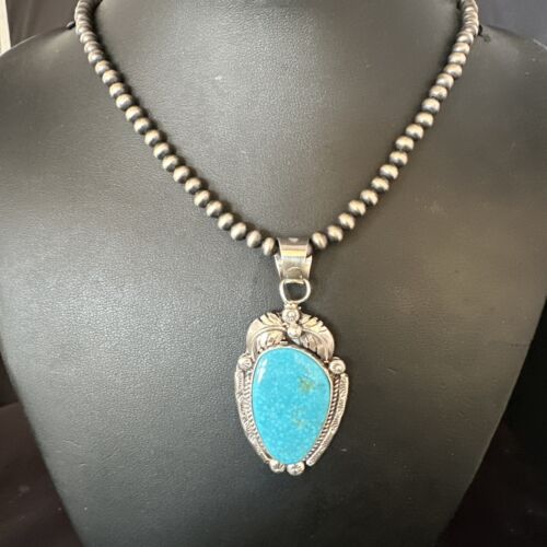 Navajo Kingman Turquoise Pendant Necklace | Sterling Silver Pearls | Authentic Native American Handmade | 15210