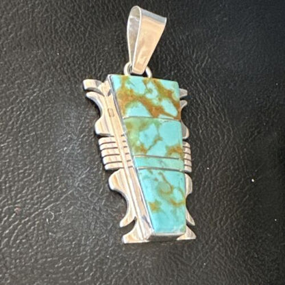 Navajo Blue #8 Turquoise Inlay Pendant | Sterling Silver | 2" | Authentic Native American Handmade | 15683