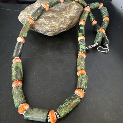 Navajo Green Turquoise and Spiny Oyster Necklace | Sterling Silver | Authentic Native American Handmade | 24" | 14986