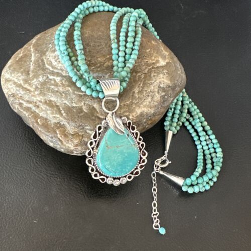 Blue Turquoise Pendant | Navajo Pearls | Sterling Silver Bead Necklace 17" | Multi-Strand | 15993