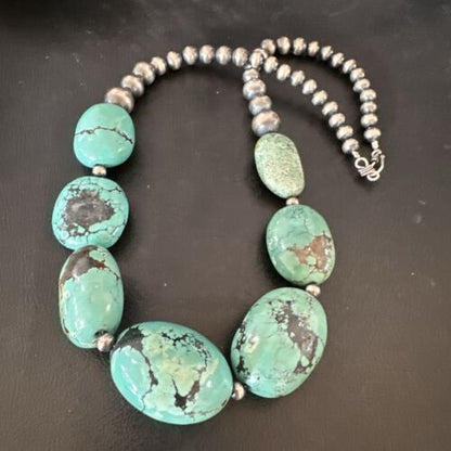 Navajo Blue Turquoise Chunky Pearls Necklace | Sterling Silver | 20" | Authentic Native American Handmade | 17496