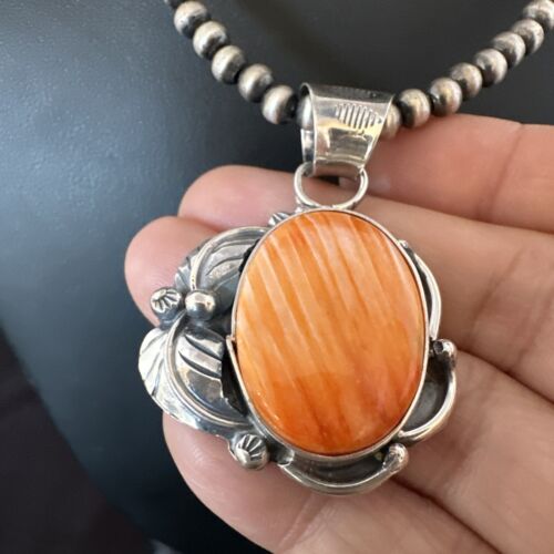 Navajo Orange Spiny Oyster Pendant Necklace | Sterling Silver | Authentic Native American Handmade | 15629