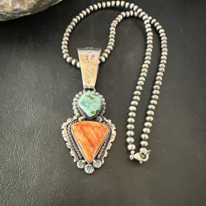 Navajo Green Royston Turquoise | Spiny Pendant Necklace | Sterling Silver | Native American Handmade | 17013