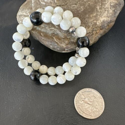 Navajo Memory Wire Bracelet | Stainless Steel | Mother of Pearl & Onyx Beads | 7" | 17618