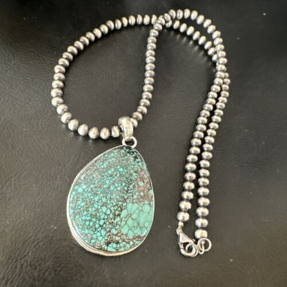 Men's Navajo Blue Spiderweb Turquoise Pendant Necklace | Sterling Silver | Authentic Native American Handmade | 16208