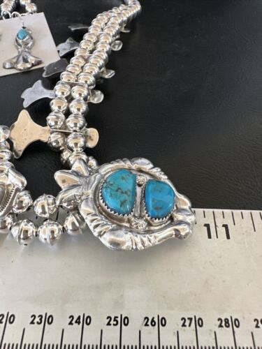 Kingman Turquoise Navajo Squash Blossom Necklace & Earrings | Sterling Silver | Native American Handmade | 16543