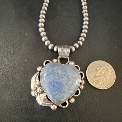 Men's Blue Heart Denim Lapis Pendant Necklace | Navajo Pearls | Sterling Silver | 15524