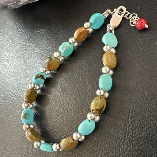 Women's Blue Turquoise Bead Bracelet | Southwestern Sterling Silver Link | 8" | 17232