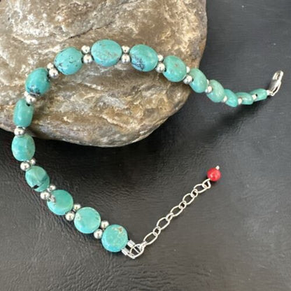 Navajo Blue Turquoise Bead Bracelet | Sterling Silver Link | 8" | Authentic Native American Jewelry | 17235
