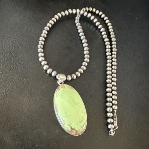 Navajo Green Gaspeite Pendant Necklace | Sterling Silver | Authentic Native American Handmade | 15488