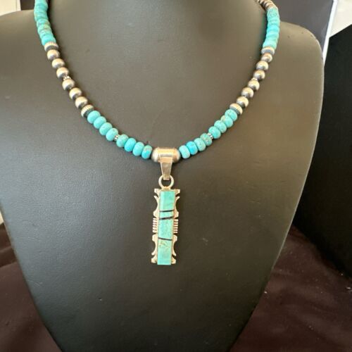 Men's and Women's Turquoise #8 Inlay Pendant Necklace | Navajo Sterling Silver | Authentic Native American Handmade | 17074