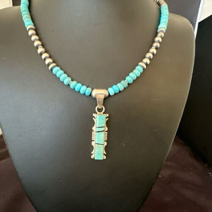 Men's and Women's Turquoise #8 Inlay Pendant Necklace | Navajo Sterling Silver | Authentic Native American Handmade | 17074