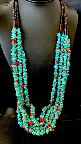 Navajo Blue Turquoise & Spiny Shell Heishi Necklace | Sterling Silver | 30" | Authentic Native American Handmade | 16072