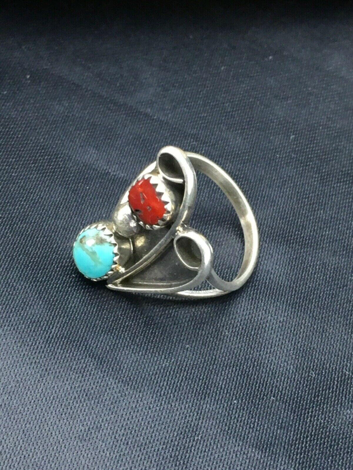 Navajo Blue Turquoise Coral Ring | Authentic Native American Sterling Silver | Multi-Stone | Sz 6.5 | 2780