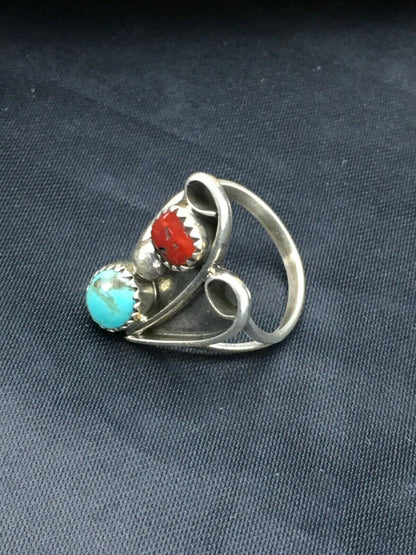 Navajo Blue Turquoise Coral Ring | Authentic Native American Sterling Silver | Multi-Stone | Sz 6.5 | 2780