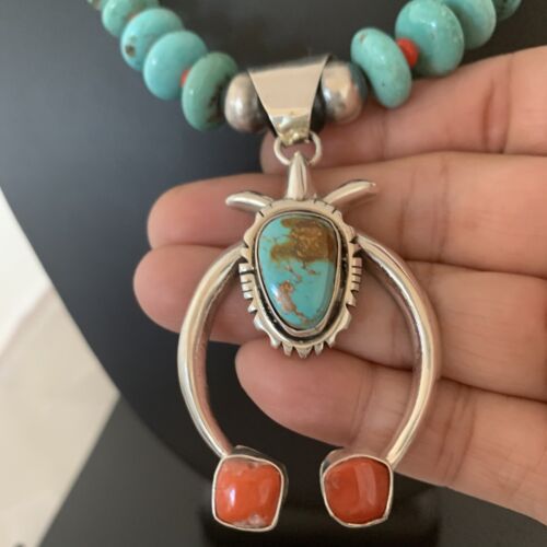 Navajo Blue Turquoise Coral Naja Pendant Necklace | Sterling Silver | Authentic Native American Handmade | 02082