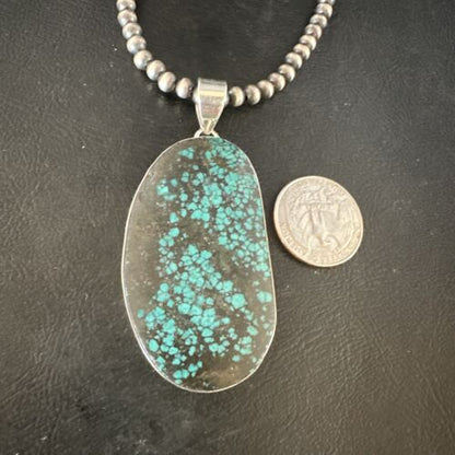Navajo Blue Spiderweb Turquoise Pendant Necklace | Sterling Silver Pearls | Authentic Native American Handmade | 15568