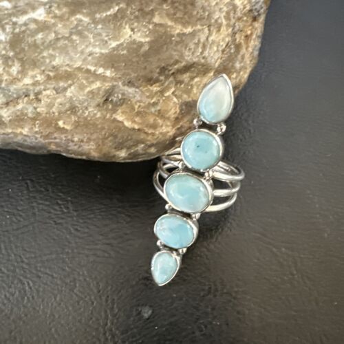 Navajo Blue Larimar Cluster Ring | Authentic Native American Sterling Silver | Multi-Stone | Sz 8.5 | 15934