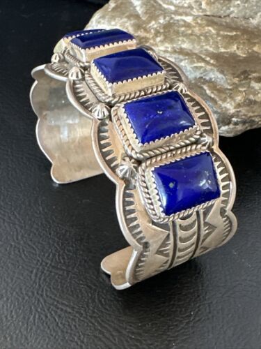Navajo Blue Lapis 5 Stone Cuff Bracelet | Sterling Silver | XL Men's | Authentic Native American Handmade | 15861