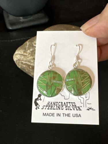 Southwestern Sterling Silver Green Gaspeite Inlay Earrings | 1" | Navajo | 14935