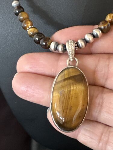 Navajo Coffee Tiger's Eye Pendant Necklace | Sterling Silver | 26" | Authentic Native American Handmade | 14886
