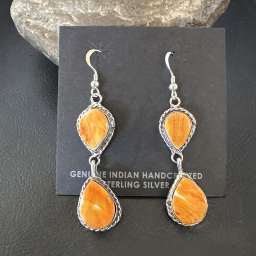 Navajo Orange Spiny Oyster Dangle Earrings | Sterling Silver | 1.5" | Authentic Native American Handmade | 16563