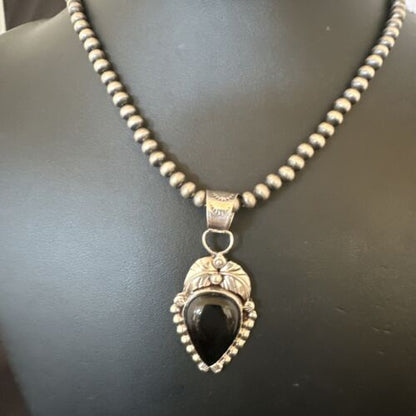 Navajo Pearls Black Onyx Necklace Pendant | Sterling Silver | Authentic Native American Handmade | 16529