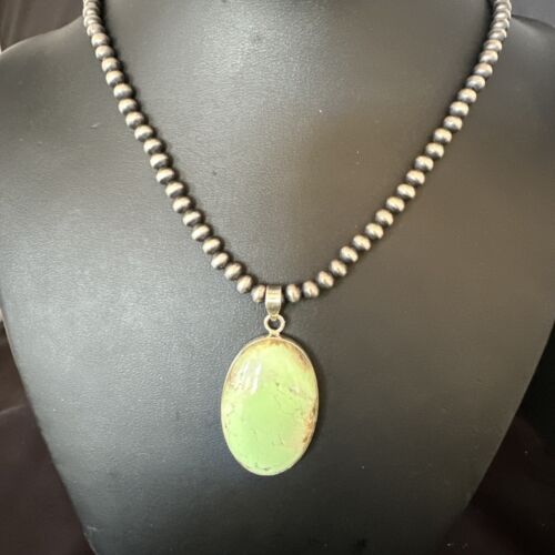 Navajo Green Gaspeite Pendant Necklace | Sterling Silver | Authentic Native American Handmade | 15490