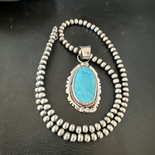Navajo Pearls Kingman Turquoise Pendant Necklace | Sterling Silver | Authentic Native American Handmade | 17133