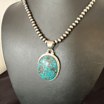 Men's Navajo Blue Spiderweb Turquoise Pendant Necklace | Sterling Silver | Authentic Native American Handmade | 16196