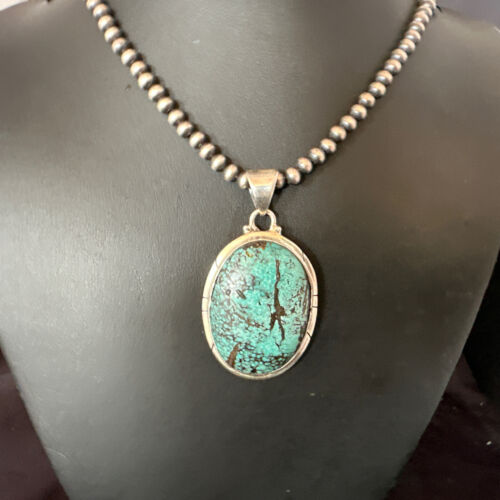 Men's Navajo Blue Spiderweb Turquoise Pendant Necklace | Sterling Silver | Authentic Native American Handmade | 16212