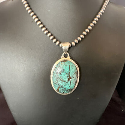 Men's Navajo Blue Spiderweb Turquoise Pendant Necklace | Sterling Silver | Authentic Native American Handmade | 16212
