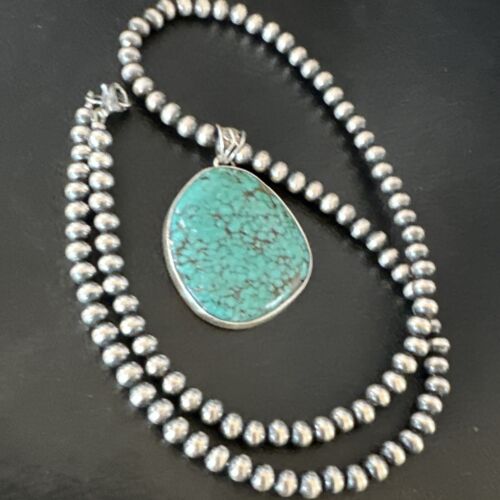 Men's Navajo Blue Spiderweb Turquoise Pendant Necklace | Sterling Silver | Authentic Native American Handmade | 16216