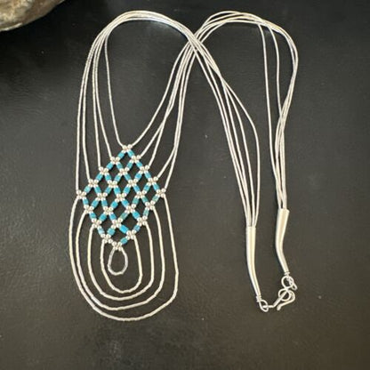 Crisscross Blue Turquoise Heishi Necklace | 5 Strand Liquid Sterling Silver | 22" | 15880