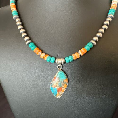Navajo Spiny Turquoise Pendant Necklace | Sterling Silver | 21" | Authentic Native American Handmade | 17517
