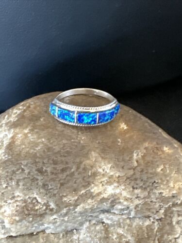 Navajo Blue Opal Inlay Ring | Sterling Silver | Sz 7.5 | Authentic Native American Handmade | 16433