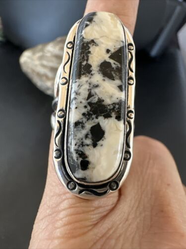 White Buffalo Turquoise Navajo Ring | Sterling Silver | Sz 9 | Authentic Native American Handmade | 16387